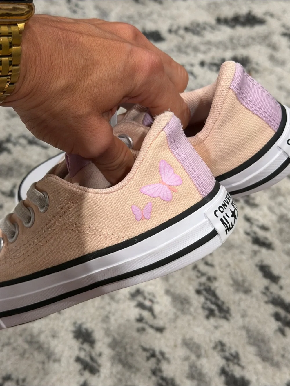 Converse Low Top Sneakers in Peach with Lilac Butterfly Detail